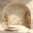 Empty space of a podim with an arch, a base for cosmetic products. Spa, clinic advertising skin, hair and face care products. Beige pastel light mockup for design.