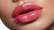 A close-up image of full, glossy pink lips, slightly parted, against a blurred background.