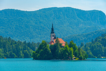 Canvas Print - Assumption of Maria church at lake Bled in Slovenia