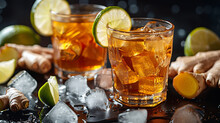 Two Glasses Of Iced Tea Adorned With Lime Slices, Surrounded By Ice Cubes And Ginger.