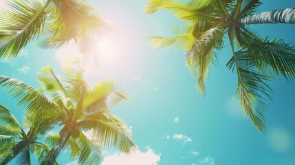 Low angle view of tropical palm trees over clear blue sky generative ai