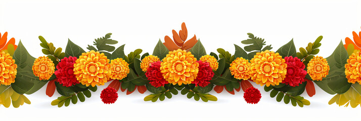 Wall Mural - Orange and red marigold flowers isolated on white background. Chinese mid autumn festival or toran Indian traditional Diwali decoration. Symbol of mexican holiday Day of dead