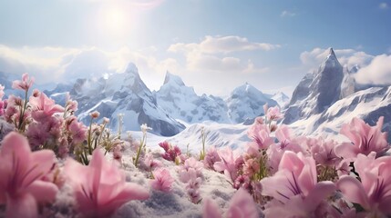 Wall Mural - A Serene Winter Wonderland: Where Vibrant Tulips Brave the Cold, Adding Splashes of Color to the Snowy Landscape, A Picture of Resilience and Beauty