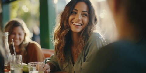 Wall Mural - A woman is smiling at the camera while sitting at a table with other people