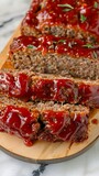 Fototapeta Do przedpokoju - A homemade meatloaf made from chuck and sirloin with fresh vegetables and a variety of seasonings with classic ketchup and English glaze. Meatloaf on a wooden plate on a marble table.