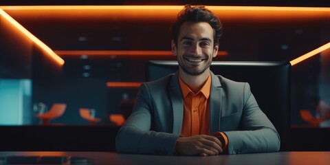 Poster - A man in a suit and orange shirt is sitting at a desk