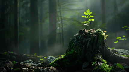 Wall Mural - a young tree emerging from the heart of an ancient tree stump. The scene unfolds in a dimly lit forest