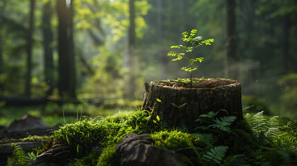 Wall Mural - a young tree emerging from the heart of an ancient tree stump. The scene unfolds in a dimly lit forest