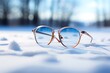 Glasses in the snow on a background of winter forest and blue sky