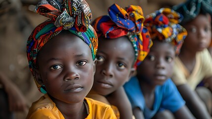 children of benin, A group of African children with colorful headwraps look towards the camera with expressive eyes. 