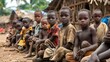 children of central african republic, A group of young children sitting on the ground in a rural village setting with huts in the background. 