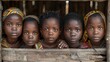 children of congo republic of the, A group of five African children with serious expressions are peering through wooden planks, captured in a close-up portrait. 