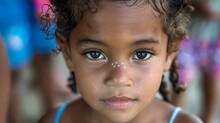 Children Of Dominican Republic, A Close-up Portrait Of A Young Child With Curly Hair And Captivating Eyes Showcasing Innocence And Beauty 