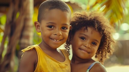 Wall Mural - children of dominican republic, Two joyful children with a warm smile posing together in an outdoor setting with lush greenery in the background. 