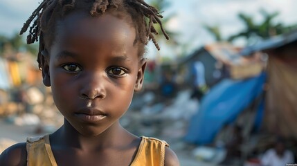 children of haiti, Portrait of a young child with expressive eyes in an outdoor setting, looking directly into the camera with a blurred background, priced at 