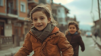 Wall Mural - children of kosovo, A joyful young girl with a bright smile wearing a warm jacket is walking on a city street while a boy runs behind her, capturing the essence of childhood happiness and activity. 