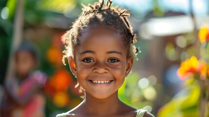 Wall Mural - children of madagascar, A joyful young girl with a bright smile and dreadlocks stands in a sunny outdoor setting, exuding happiness and innocence 