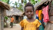 children of mozambique, A young girl with a subtle smile standing in front of traditional huts in a rural setting 