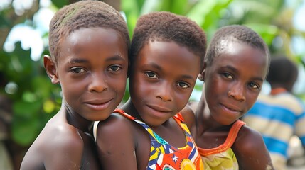 Wall Mural - children of grenada, Three smiling children standing together outdoors exuding friendship and joy. 