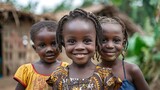 Fototapeta  - Children of Sierra Leone. Three smiling African children standing together in a village setting, exuding happiness and camaraderie