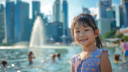 Wall Mural - Children of Singapore. A smiling young girl enjoys a sunny day by a fountain with a cityscape in the background. 