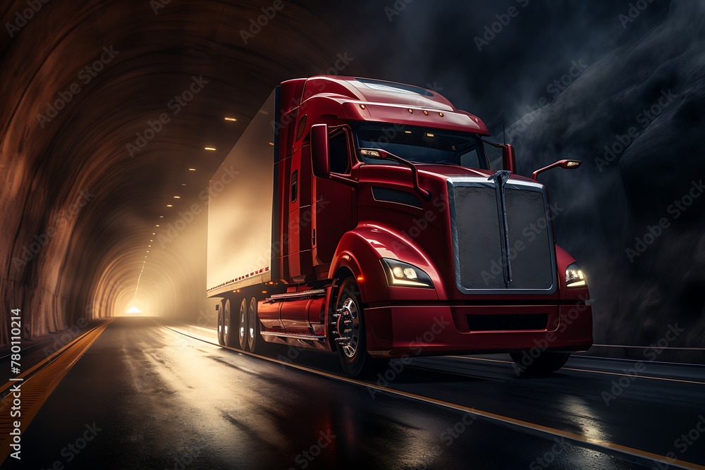 Red modern semi truck on the highway at night with fog. 3d rendering ...