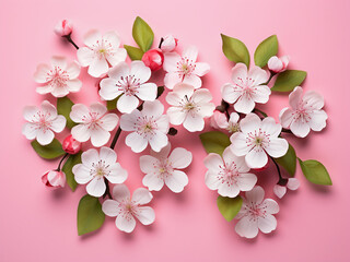 Wall Mural - Apple flowers arranged on pastel pink paper backdrop