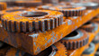 Close up of old rusty gear wheels, industrial background, selective focus