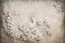 White Peacock Relief Gypsum Carving, Flower Background, 3D Wallpaper Vintage For Interior Murals Wall Art Décor.