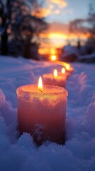 A row of candles are lit in the snow