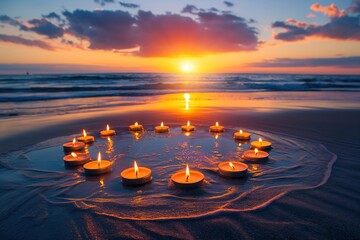 Wall Mural - A circle of candles on a beach at sunset