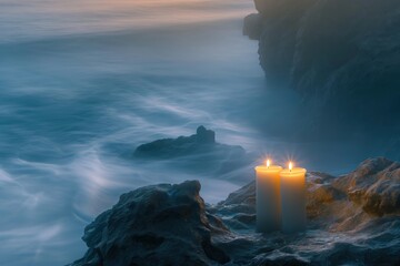 Wall Mural - Two candles are lit on a rock by the ocean