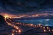 A beach at night with a path lit up with candles