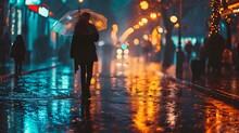 Urban Drift: Raindrops Dance As A Person With An Umbrella Walks Along A Riverside Boulevard
