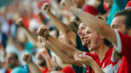 Happy fans cheering at stadium. Group of excited young sport enthusiasts supporting their favourite athlete and sport team at championship or Olympic games. People standing and yelling with their arms