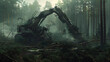 
A devastating scene in the forest as a large machine with mechanical arms and blades tears through the trees, leaving destruction and devastation in its wake