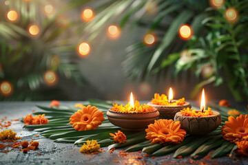Wall Mural - Traditional indian burning lamp and orange flowers. Ethnic decorations for Indian festival of lights Diwali and Pongal. Ugadi, Gudi Padwa. Hindu New Year. Religion concept with copy space