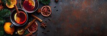 Flat Lay Of Hot Mulled Wine With Cinnamon, Orange And Lemon On Dark Background. Christmas Concept. Top View, Copy Space For Text Or Logo. This Stock Photo Was The Winner