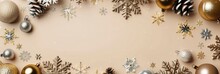 Flat Lay Photography, Beige Background With Christmas Decorations And Snowflakes In Neutral Tones, Gold And Silver Ornaments And Balls On The Bottom Of The Frame, Minimalistic, High Resolution