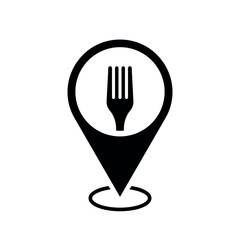 Wall Mural - restaurant location map pointer, fork icon with location pin, black symbol isolated on white backgro