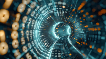 Futuristic digital data stream tunnel concept in cyberspace with binary code and encryption technology