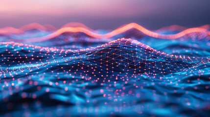 Leinwandbilder - Abstract digital technology waves background with neon lines, futuristic cyber virtual landscape concept, glowing particles and innovative mesh design pattern
