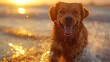 Golden Retriever running on the beach in the rays of the setting sun