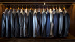 An array of tailored suits on elegant wooden hangers, each suit representing a different aspect of business attire, from formal to smart casual. 32k, full ultra hd