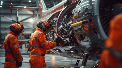 Two aircraft technicians in a hangar are meticulously inspecting and performing maintenance on the engine and airframe of a commercial jet, equipped with various tools.