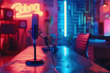 Wall Mural - Studio microphone on a table in a room with neon lights, podcast and entertainment concept.