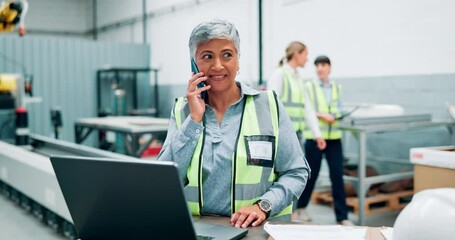 Sticker - Engineer, computer and woman in phone call while working in business project, building and trade industry. Senior person, talking and professional with laptop and cellphone in construction site