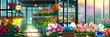 background. woman collects a bouquet in a glassed flower shop