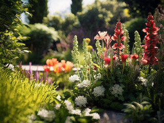 Wall Mural - Romantic garden scene features lush greenery and blooming flowers