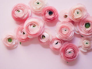 Poster - Ranunculus blossoms form a charming display against a light pink backdrop